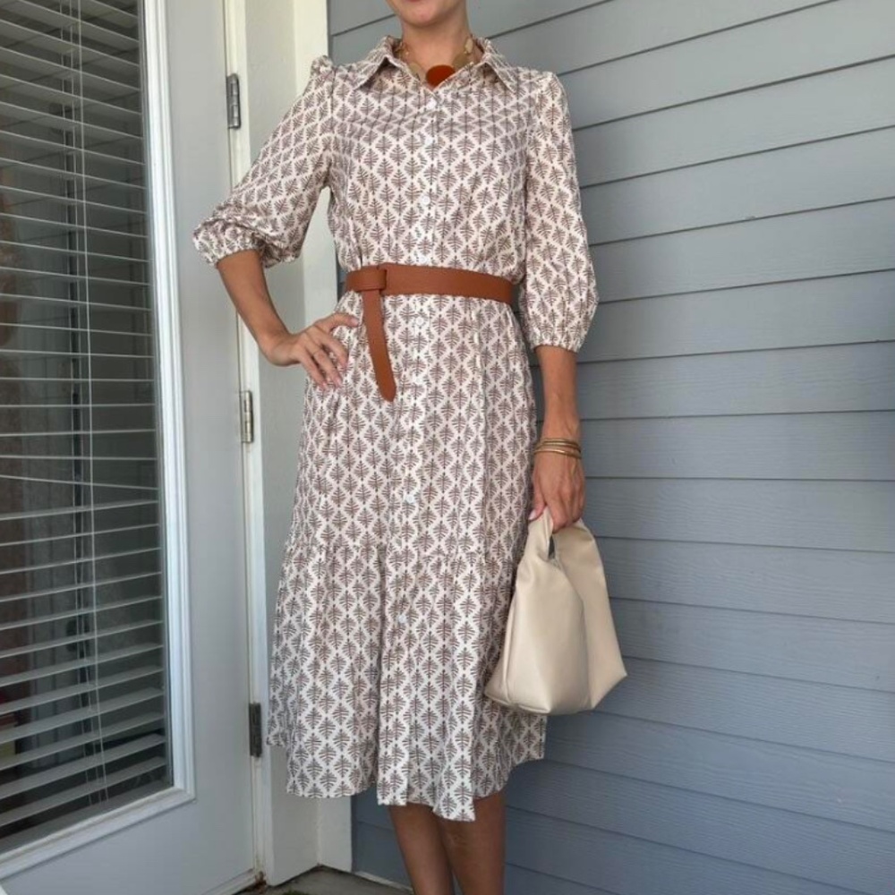 Printed Dress Lantern Sleeve Button Up White Tan - Picture 6 of 8